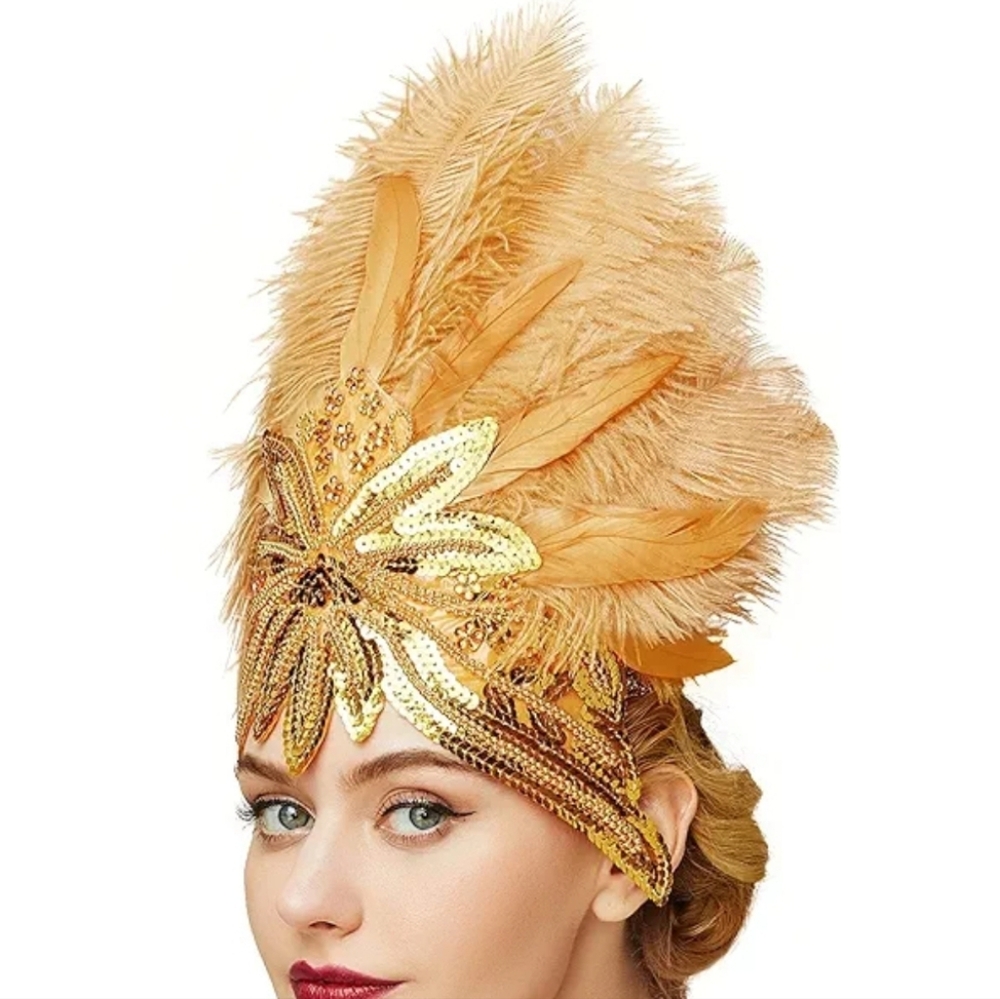 Babeyond Gold Sequin Costume Feathered Headband